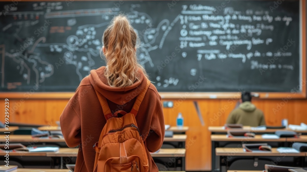 A student stands alone back to the camera as they attentively take notes on the material being presented on the chalkboard at . .