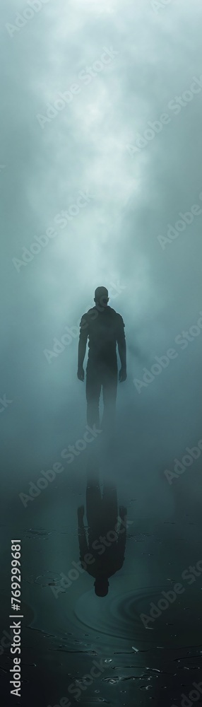 Abstract guardian silhouette sharp contrast groundlevel shot amidst ethereal fog