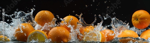 A bunch of whole oranges dropping into water creating an energetic splash