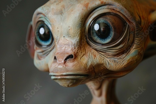 A close-up of a lifelike alien figure with large captivating eyes © Creative_Bringer