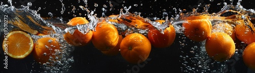A bunch of whole oranges dropping into water creating an energetic splash