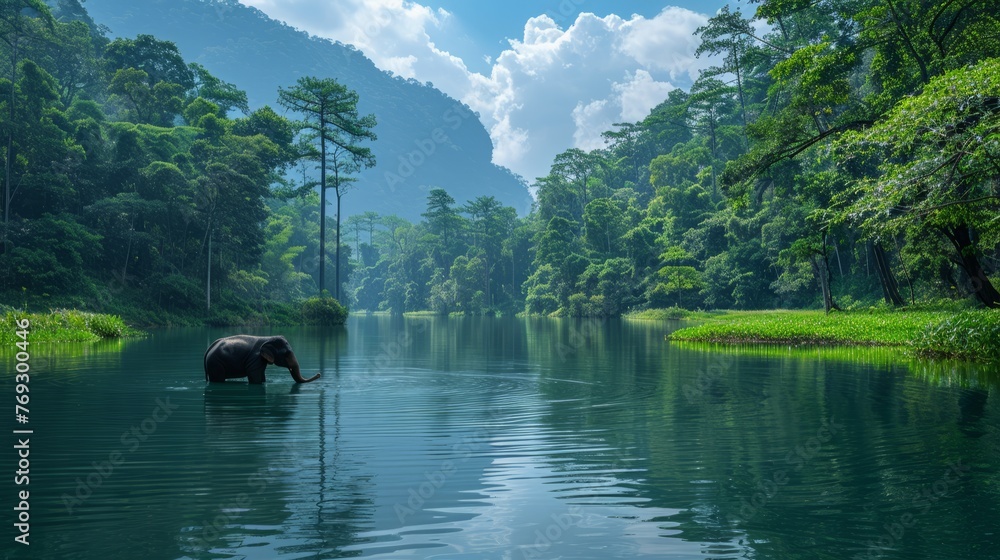 An elephant is swimming in a lake surrounded by trees and natural landscape