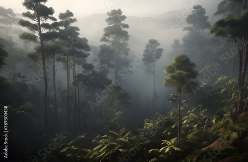photograph of a realistic jungle fog. Misty pine tree forest, cinematic scene view © Ranadhie