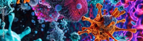 A Microscopic close-up view of an immune response with vibrant colors depicting cells and antibodies in action.