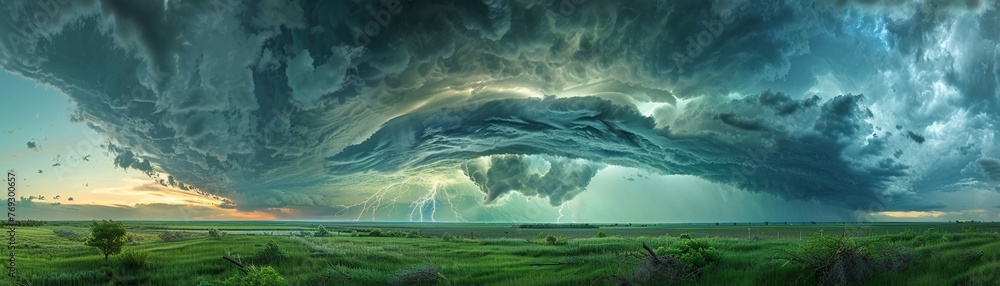 An Expansive panoramic view of a powerful supercell thunderstorm over rural landscape An Expansive panoramic view of a powerful supercell thunderstorm over rural landscape
