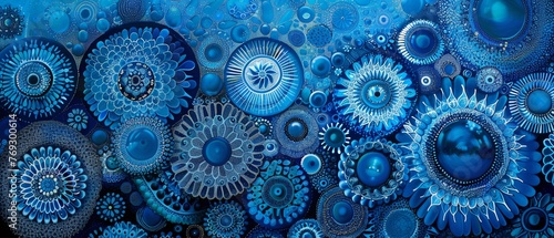 An array of circular patterns resembling jellyfish in various shades of blue