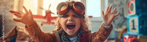 An excited young child wearing pilot goggles imagines flying a plane photo