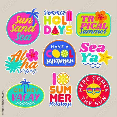 Set of girl fashion patches, colorful cute cartoon badges, fun stickers design for summer holidays concept.