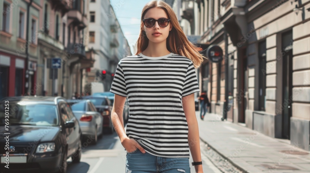 Stylish black and white striped tshirt mockup on a model walking down a city street. Ideal for promoting your streetwear line.