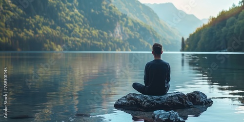 person sitting on the edge of a lake, improve yourself 