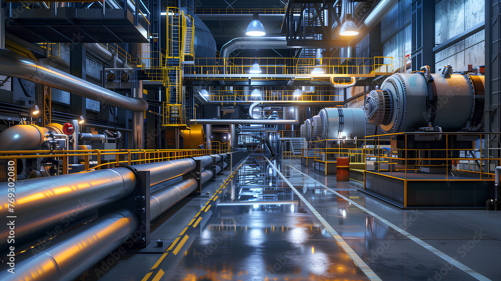 A large industrial building with pipes and machinery. Scene is industrial and mechanical. The idea of the image is to show the complexity and scale of a large industrial facility A large industrial building with pipes and machinery. Scene is industrial and mechanical. The idea of the image is to show the complexity and scale of a large industrial facility