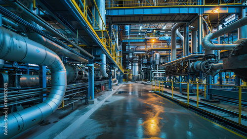 A large industrial building with pipes and machinery. Scene is industrial and mechanical. The idea of the image is to show the complexity and scale of a large industrial facility