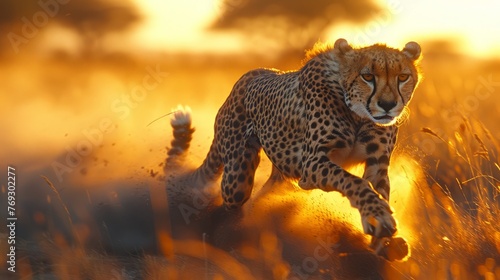 a cheetah is running through a field at sunset © yuchen
