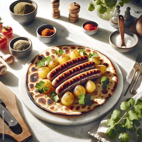 Norwegian Pølse med Lompe with Fresh Herbs on Marble