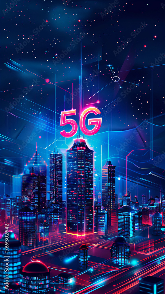 5G technology tower and city, high-speed communication, 3D vector,