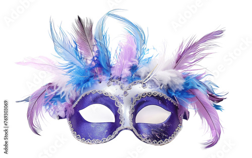 Carnival Mask Adorned with Feathers: Purple, Blue, White isolated on transparent Background