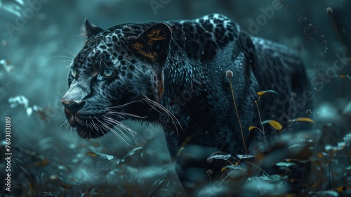 A Felidae carnivore, the leopard, prowls through the dark woods at night