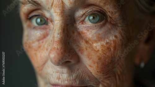 Close up Portrait of a Weathered and Experienced Senior Woman s Thoughtful Expression photo