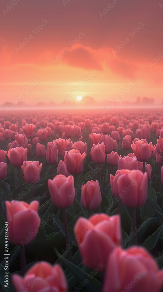 Field of tulips in bloom, sunrise, Holland landscape