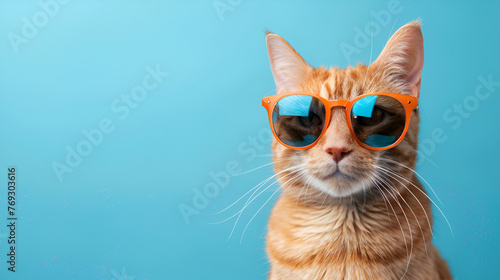 Funny ginger cat wearing sunglasses in close-up portrait, isolated on bright cyan ,Cute red cat wearing sunglasses on blue background with copy space 