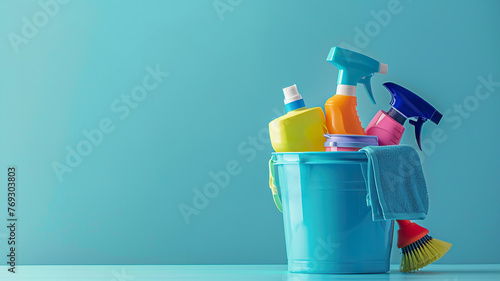 Cleaning products in bucket on blue background photo