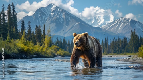 Brown bear standing in river with mountain backdrop in natural landscape