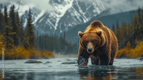 A Kodiak bear crosses a river surrounded by mountains in a natural landscape
