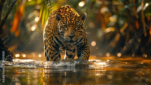 A Felidae carnivore, the Jaguar walks through liquid in the jungle