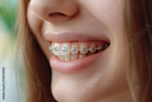 Healthy teeth with brackets and metal wires, closeup