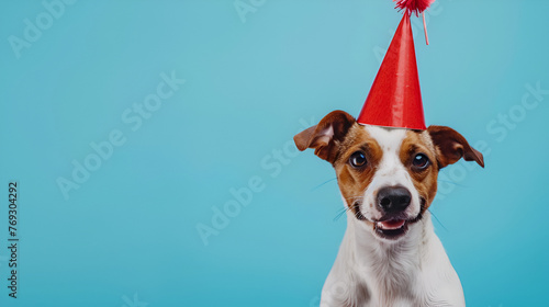 A cute dog with a party hat and party glitter ,golden retriever wearing birthday cake in the background 