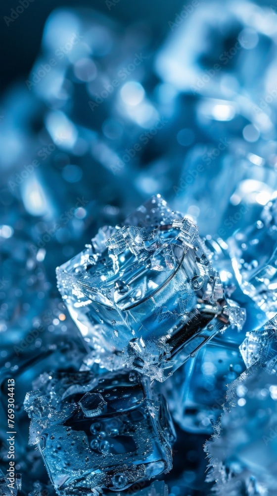 Macro shot of ice cubes Ice texture in blue tone Blue background Blue ice crystals close up Macro shot Abstract background and texture for design Macro shot of ice cubes Ice texture in blue tone Blue background Blue ice crystals close up Macro shot Abstract background and texture for design