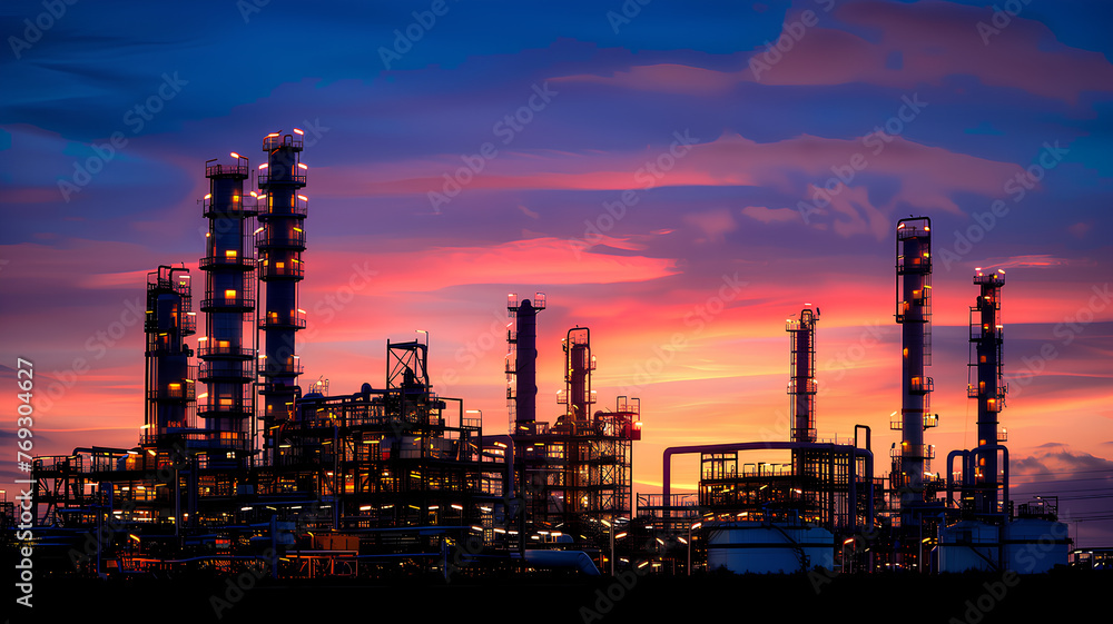 A large industrial plant is lit up at sunset. The sky is filled with clouds and the water is calm