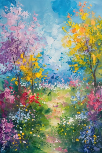Oil painting featuring a beautiful natural scene in spring, with the rough canvas texture resembling the strokes of a palette knife. 