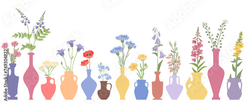 vector drawing set of vase with wild flowers, flowerpots isolated at white background, hand drawn illustration photo