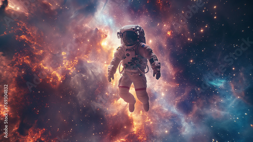 A man in a spacesuit is floating in space above a colorful nebula