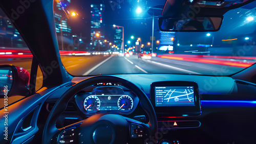 Futuristic Dashboard View While Night Driving . Inside view of a modern vehicle's dashboard at night, with glowing dials and navigation display, driving through the illuminated city.  © phairot