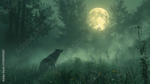 A carnivore wolf stands in a grassy field under a full moon