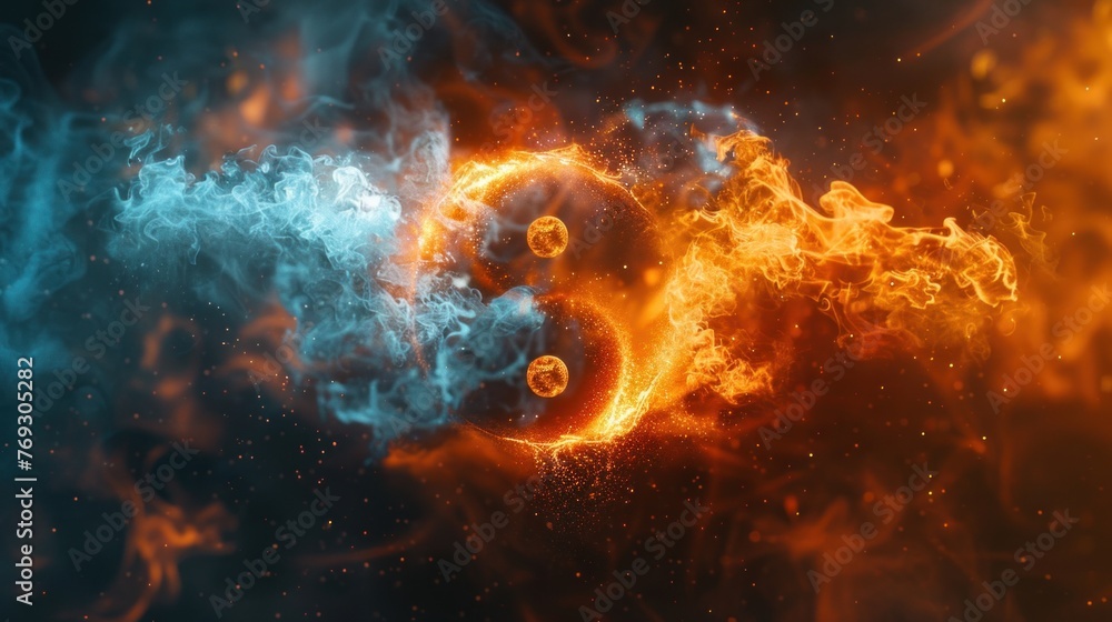 Yin and Yang symbol in fire and ice with smoke and spark effect Yin and Yang symbol in fire and ice with smoke and spark effect