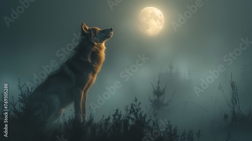 a wolf is howling at the moon in the dark