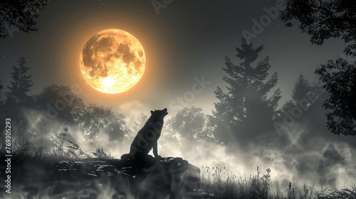 A Felidae carnivore sitting on a rock under the full moon