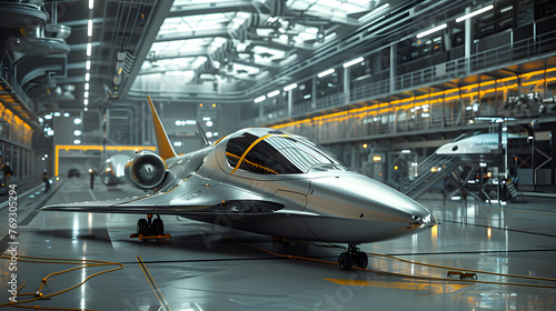 Futuristic Jet in High-Tech Aircraft Hangar © Pornphan
