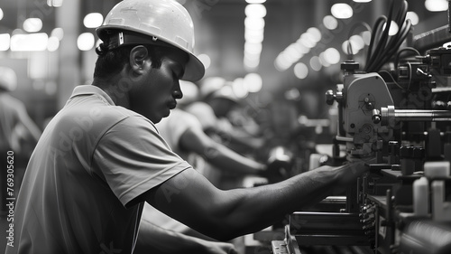 Wallpaper Mural Focused Worker Operating Machinery in Factory
. A dedicated worker in a hard hat attentively operates industrial machinery in a bustling factory environment, depicted in monochrome.
 Torontodigital.ca