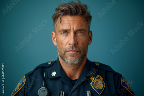 A handsome Police Officer looking at the camera isolated on a blue background photo