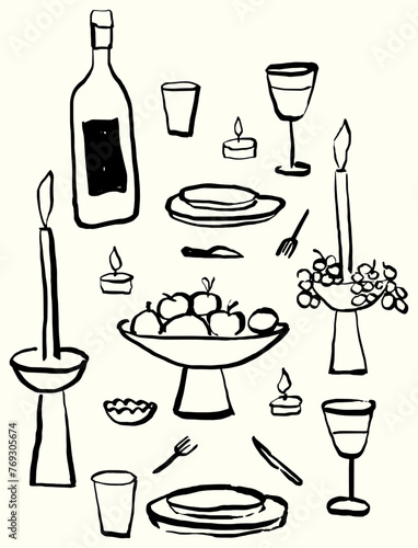 Ilustración vectorial de mesa de cena. Boceto de alimentos y bebidas. Arte dibujado a mano. Arte en líneas minimalista. Garabato