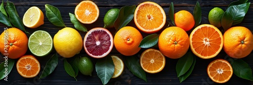 Fresh citrus fruits Lemon orange tangerine lime On a black background Wooden Top view 
