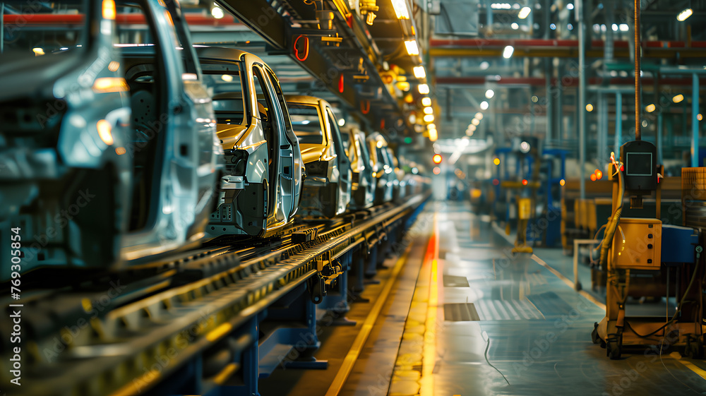 Automobile Assembly Line in a Vehicle Factory
. A line of car chassis progresses systematically through an automobile factory assembly line, showcasing the precision of modern vehicle manufacturing.
