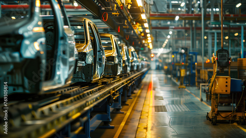Automobile Assembly Line in a Vehicle Factory . A line of car chassis progresses systematically through an automobile factory assembly line, showcasing the precision of modern vehicle manufacturing. 