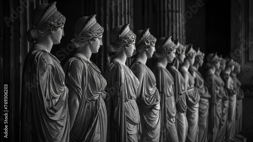 A line of goddesses stands poised and regal their backs to the camera as they make weighty decisions for the mortal realm. . .