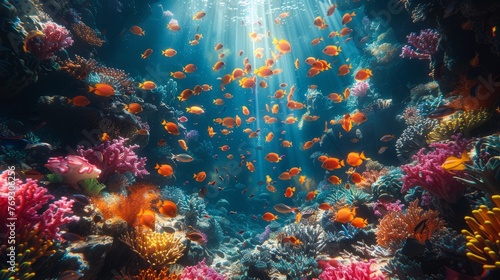 Vibrant underwater ecosystem with abundant fish and coral in ocean waters © yuchen