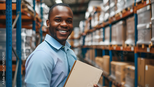 A man in a vest is smiling and holding a piece of paper. He is standing in a warehouse with shelves full of boxes